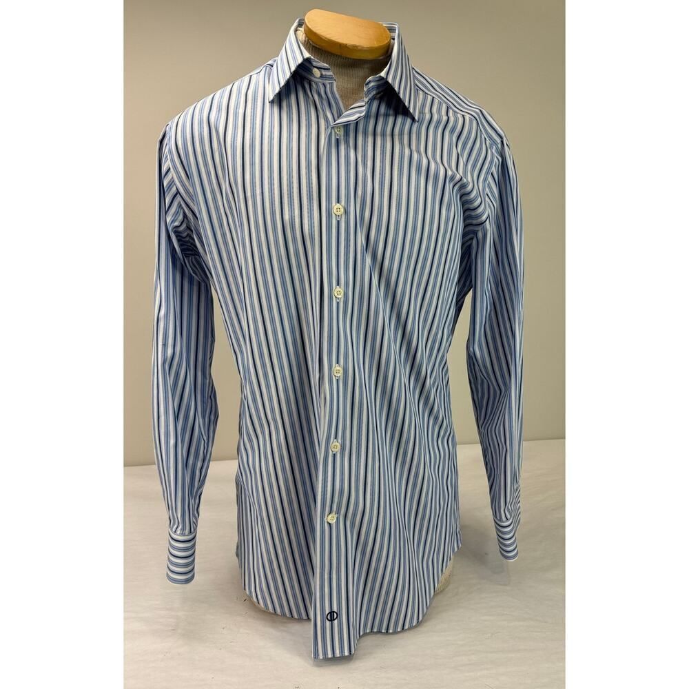 David Donahue Dress Shirt Stripes Blue Button Trim - Men's Size 16 - 32 / 33